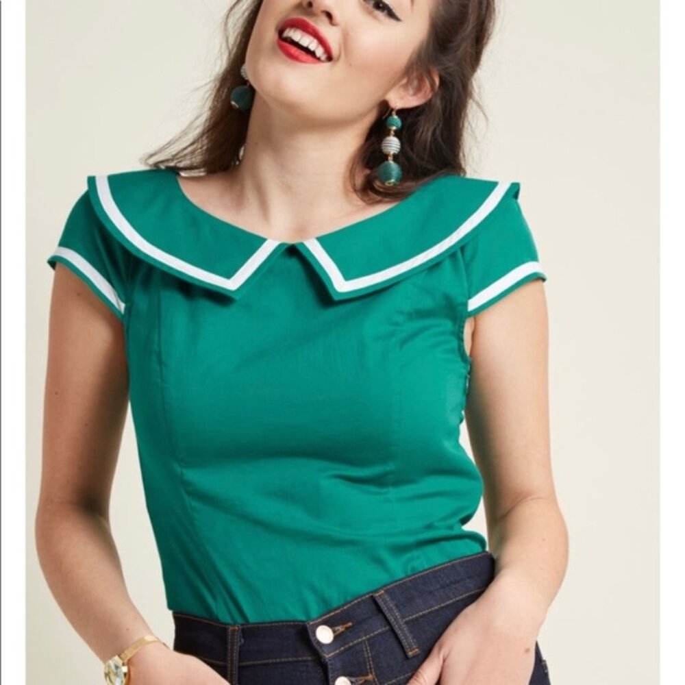ModCloth Aye Aye on the Prize Emerald Green Sailor Top With Buttons NWOT - Picture 1 of 9